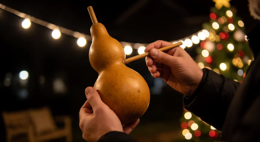 cómo se fabrica una zambomba, Manos tocando una zambomba de calabaza en una noche de Navidad con luces de fondo