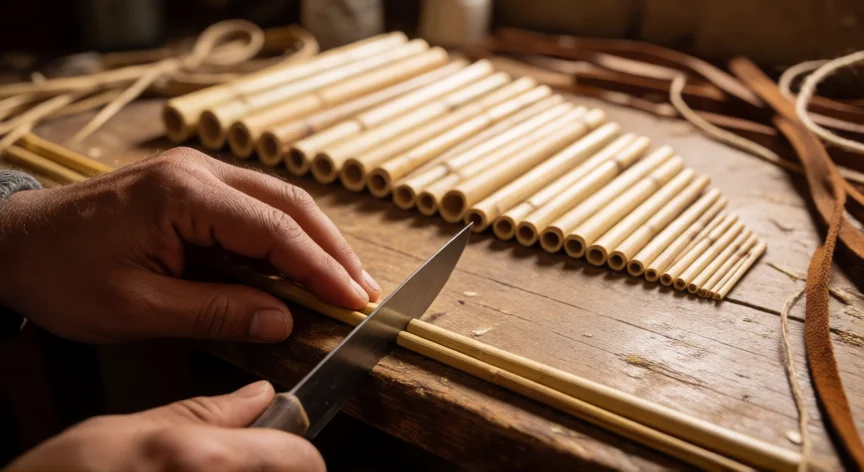 cómo se fabrica una zampoña, Artesano cortando cañas para fabricar una zampoña tradicional andina