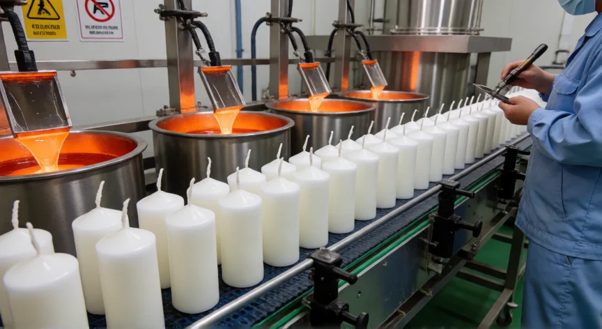 como se fabrica velas, Línea industrial de fabricación de velas con máquinas de inmersión y corte de mechas
