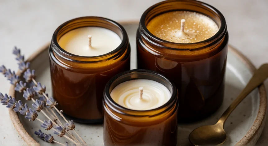 como se fabrica velas artesanales, Tres velas artesanales de soja en frascos de ámbar con mechas de algodón sobre bandeja de cerámica