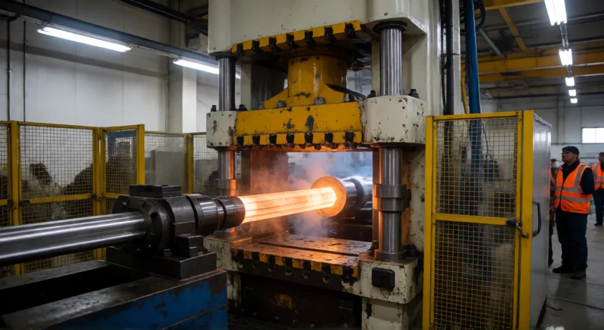 como se fabrica ventanas de aluminio, Prensa de extrusión de aluminio en una fábrica con lingote caliente atravesando el troquel