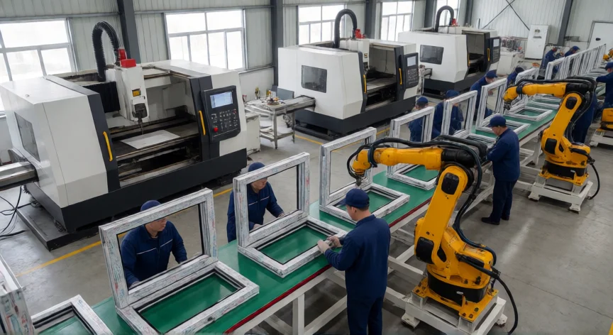 como se fabrica ventanas de aluminio, Línea de ensamblaje robótico de ventanas de aluminio con brazos instalando herrajes y juntas