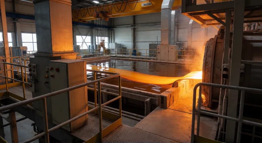 como se fabrica vidrio, Interior de una fábrica de vidrio en proceso de flotación con baño de estaño