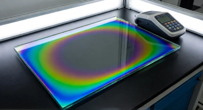 como se fabrica vidrio templado, Inspección de tensiones en vidrio templado con luz polarizada mostrando patrón de colores