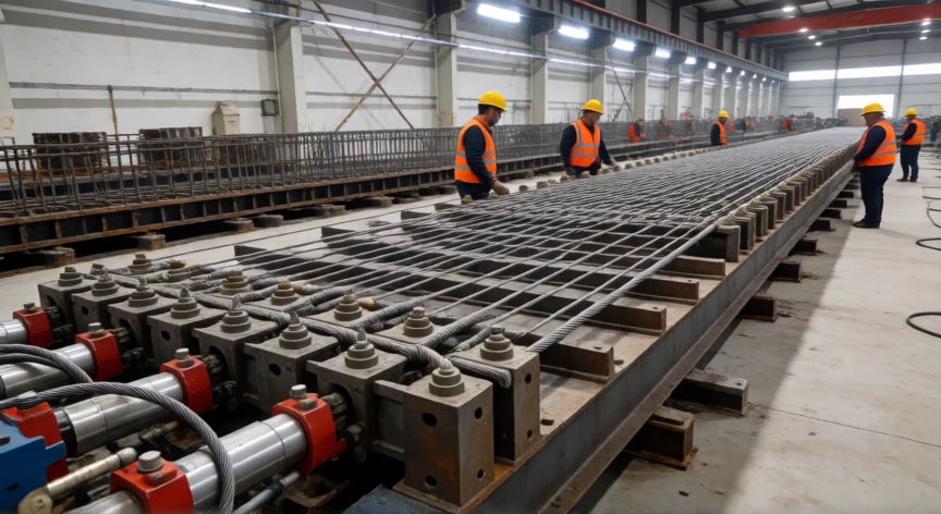 como se fabrica viguetas pretensadas, Cama de pretensado con cuerdas de acero tensadas en planta industrial