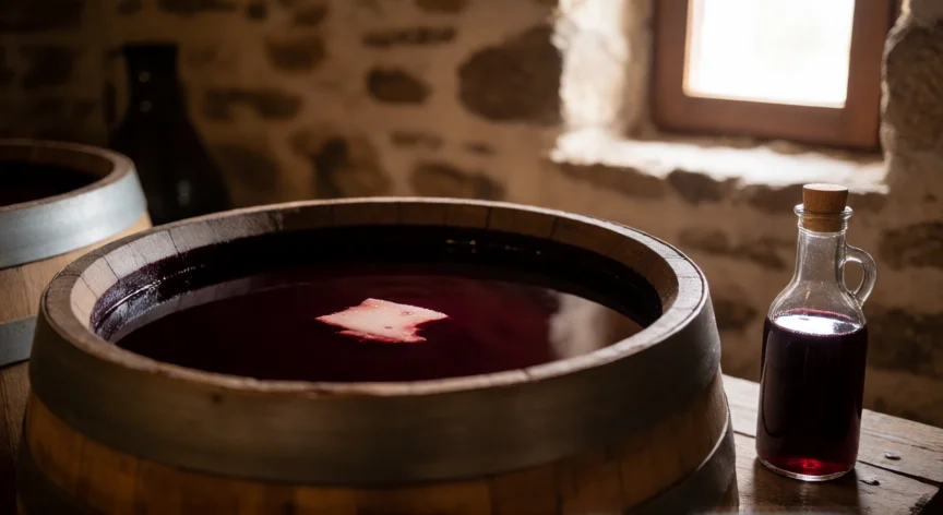 Barril de fermentación acética con madre de vinagre visible sobre vino tinto