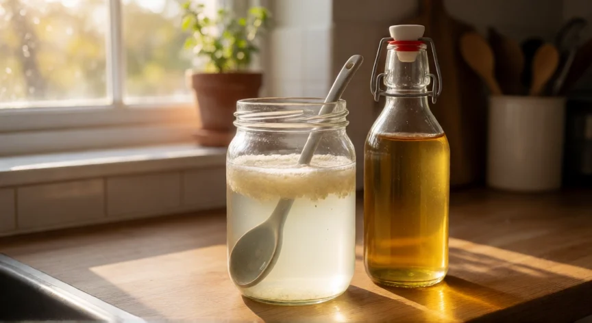 como se fabrica vinagre, Frasco casero de vinagre en fermentación con madre visible y botella terminada