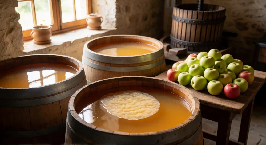 Barricas de roble con vinagre de manzana en fermentación y manzanas frescas en un taller artesanal