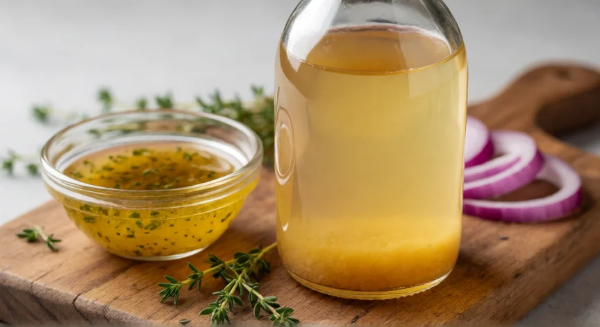 como se fabrica vinagre de manzana, Botella de vinagre de manzana no filtrado con madre visible junto a ingredientes para vinagreta