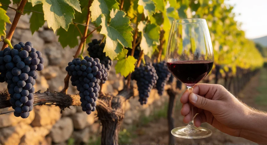 Enólogo sosteniendo una copa de vino tinto en una bodega con viñas al fondo
