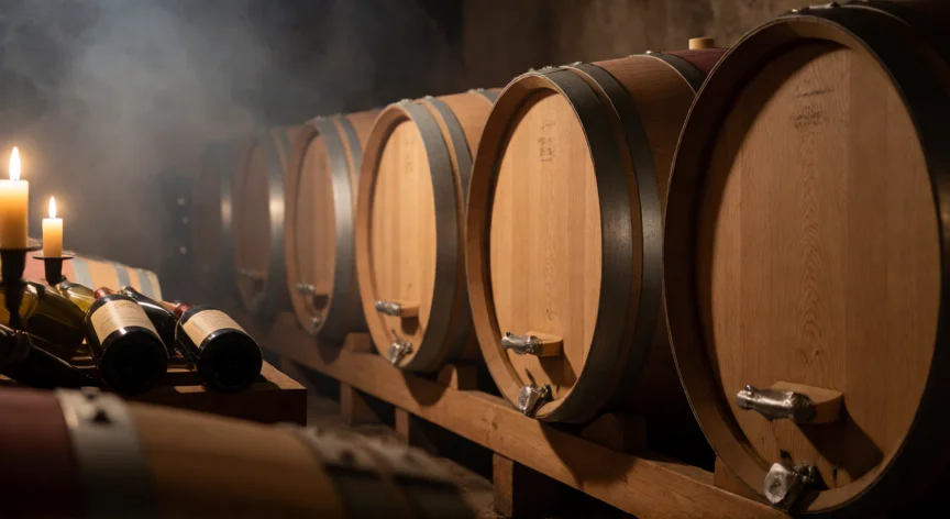 como se fabrica vino, Barricas de roble francés en una bodega de vino con iluminación cálida
