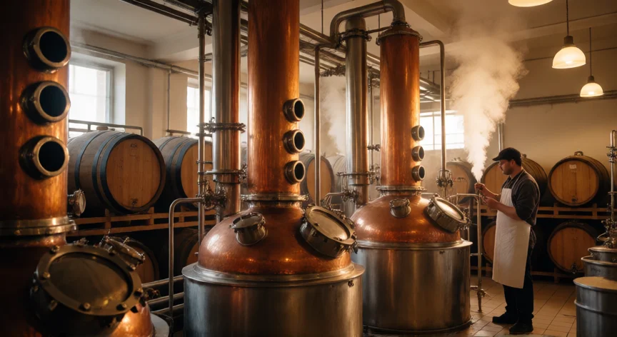 como se fabrica vodka, Interior de una destilería de vodka con columnas de destilación de cobre y acero
