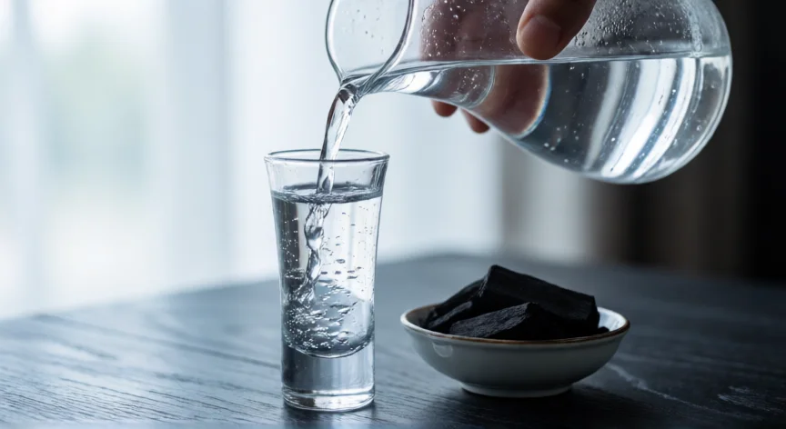 como se fabrica vodka, Destilado de vodka transparente siendo vertido junto a carbón activado