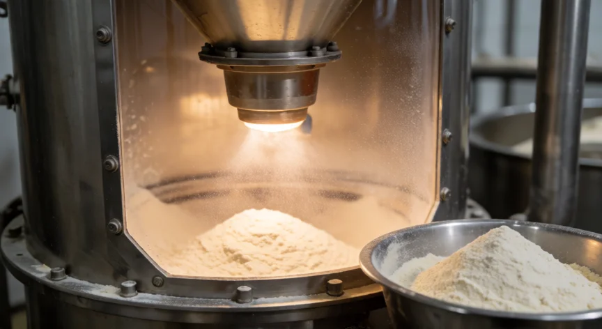 como se fabrica whey protein, Torre de secado por pulverización produciendo polvo de whey protein en fábrica