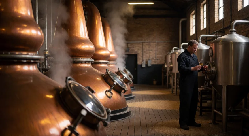 como se fabrica whisky, Alambiques de cobre en una destilería escocesa de whisky con vapor y un maestro destilador