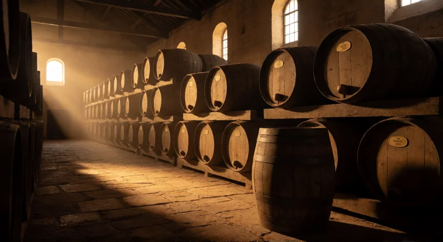 como se fabrica whisky, Almacén de envejecimiento con filas de barricas de roble y luz dorada filtrándose