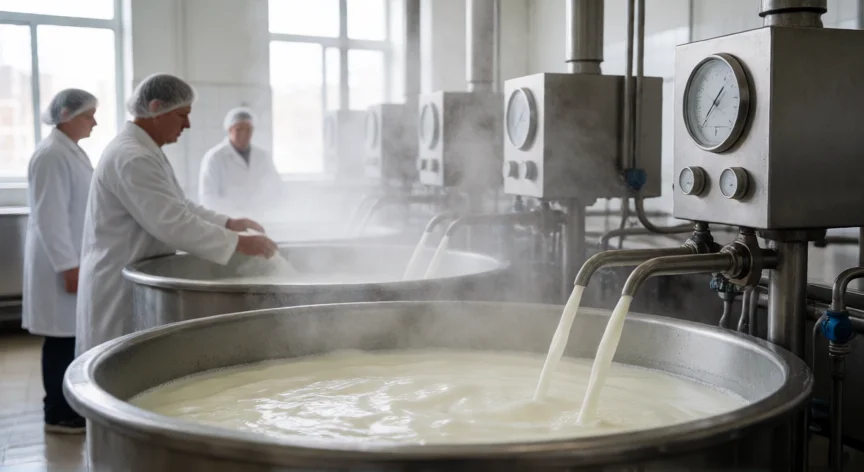 como se fabrica yogurt, Proceso industrial de fabricación de yogur con cubas de acero inoxidable y pasteurización de leche