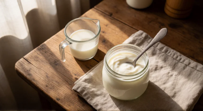 como se fabrica yogurt, Yogur casero recién hecho en un frasco de cristal sobre mesa de madera rústica