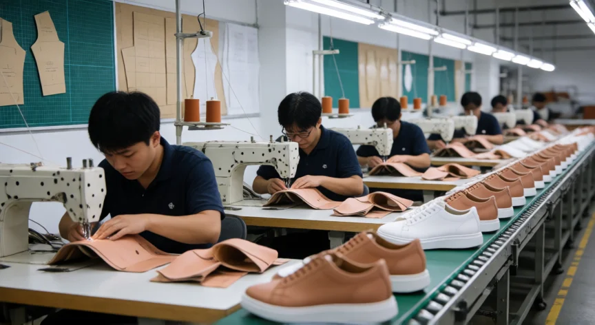como se fabrica zapatillas, Interior de fábrica de zapatillas con operarios cosiendo y ensamblando suelas