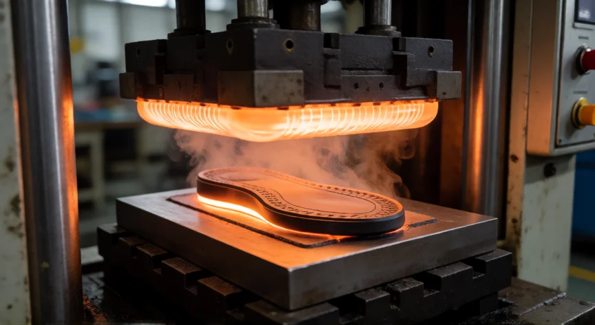 como se fabrica zapatillas, Máquina de vulcanización prensando una suela de goma en calor industrial