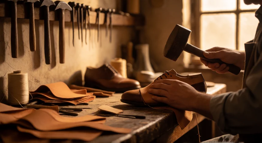 como se fabrica zapatos, Artesano estirando el empeine de cuero sobre una horma de madera en un taller de zapatería tradicional