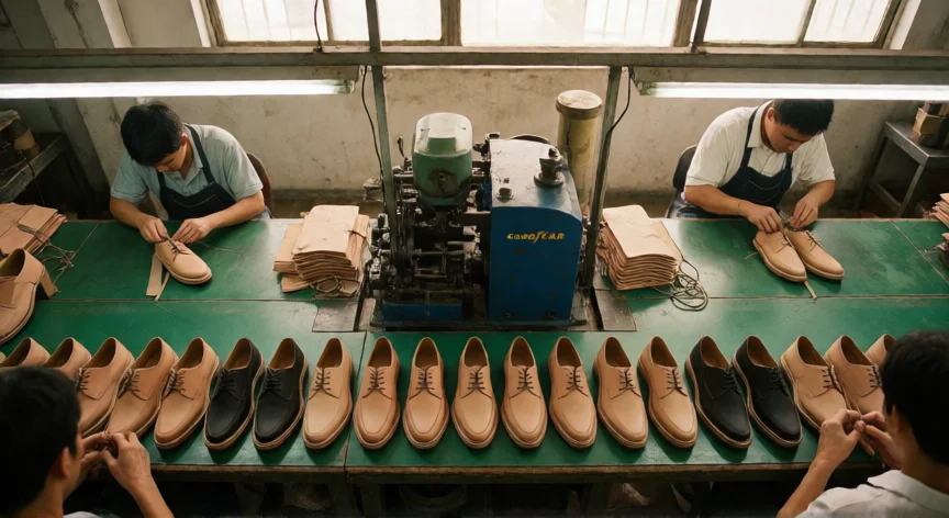 como se fabrica zapatos, Línea de ensamblado de zapatos con máquinas de cosido Goodyear y zapatos en distintas fases de fabricación