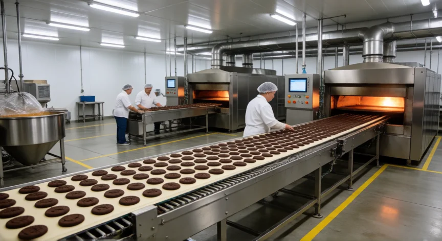 como se hacen las galletas oreo fábrica, Interior de una fábrica de galletas Oreo con líneas de producción automatizadas