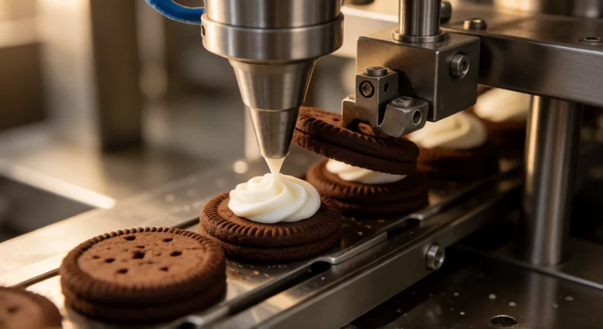 como se hacen las galletas oreo fábrica, Mecanismo de dosificación del relleno cremoso en la línea de ensamblaje