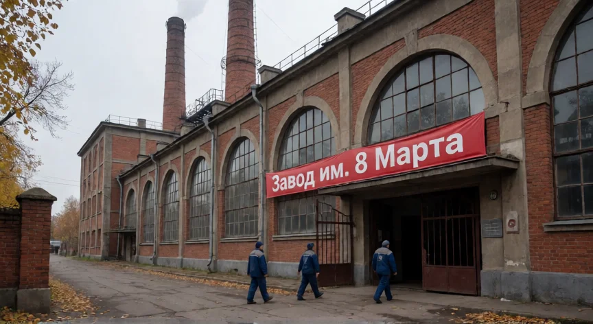 como se llamaba la fabrica del 8 de marzo, Fachada de la Fábrica del 8 de Marzo en Leningrado con su cartel soviético original
