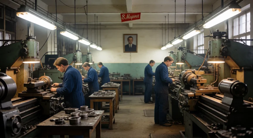 como se llamaba la fabrica del 8 de marzo, Interior de la línea de producción de la Fábrica del 8 de Marzo con trabajadores en turno