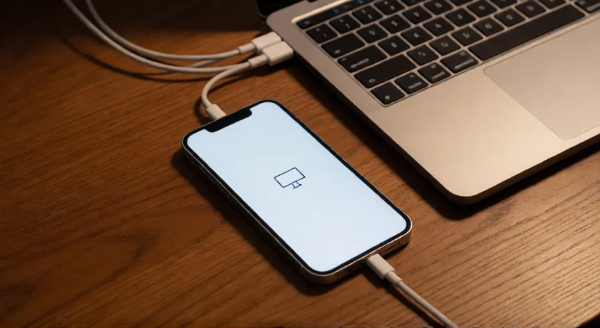 como se reinicia de fabrica un iphone 13, iPhone 13 en modo recuperación conectado a un Mac mediante cable Lightning