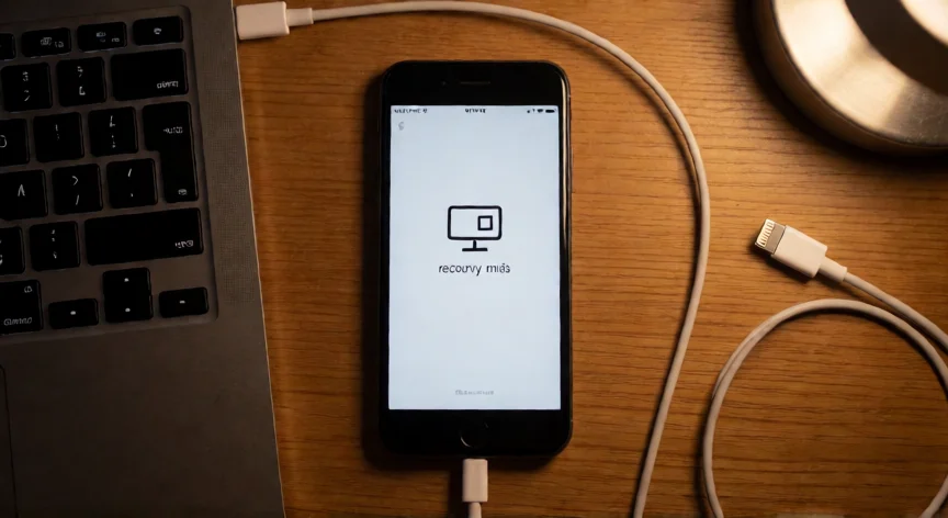 como se reinicia de fabrica un iphone 8, iPhone 8 en modo recuperación conectado al ordenador para restaurar de fábrica