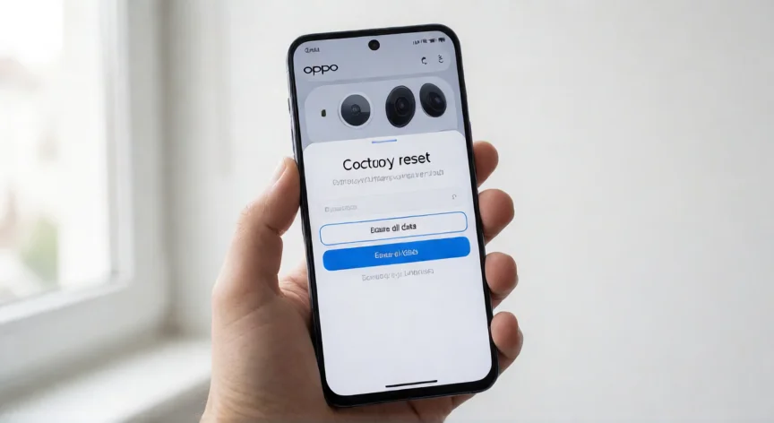 como se reinicia de fabrica un oppo, Pantalla de confirmación de restablecimiento de fábrica en un teléfono OPPO sostenido con ambas manos