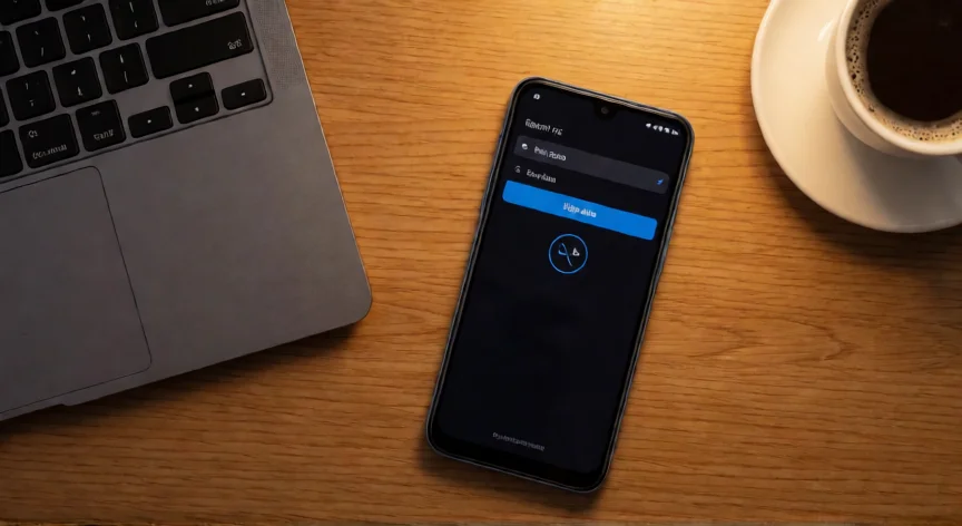 como se reinicia de fabrica un redmi 9c, Redmi 9C en modo Recovery sobre un escritorio de madera junto a un portátil
