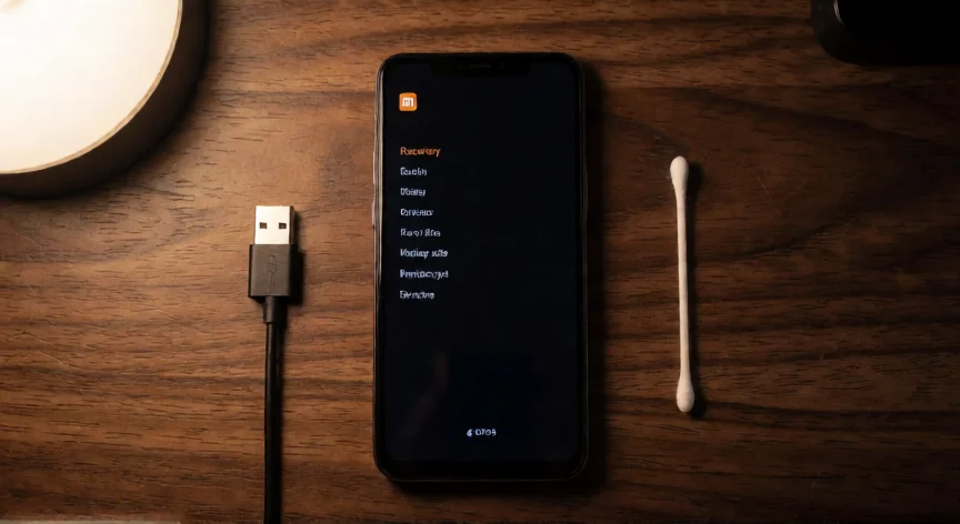 como se reinicia de fabrica un xiaomi, Móvil Xiaomi en modo Recovery sobre un escritorio de madera