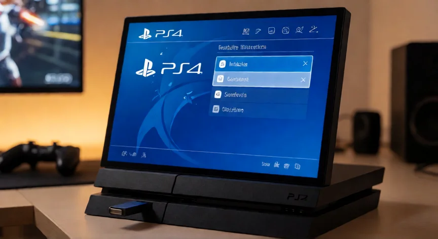 como se reinicia de fabrica una play 4, PS4 mostrando el menú de inicialización de fábrica con un USB conectado