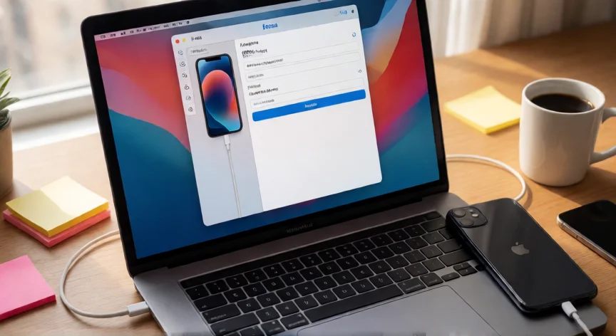 como se restablece de fabrica iphone 11, iPhone 11 conectado a Mac con Finder abierto para restaurar de fábrica