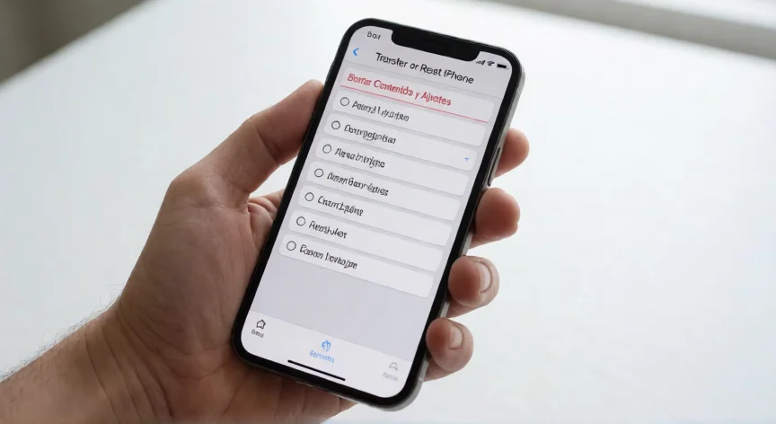 Pantalla de Ajustes del iPhone mostrando la opción de borrar contenido y ajustes