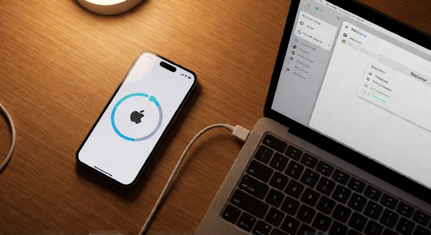 como se restablece de fabrica un iphone, iPhone conectado al ordenador para realizar copia de seguridad antes del restablecimiento