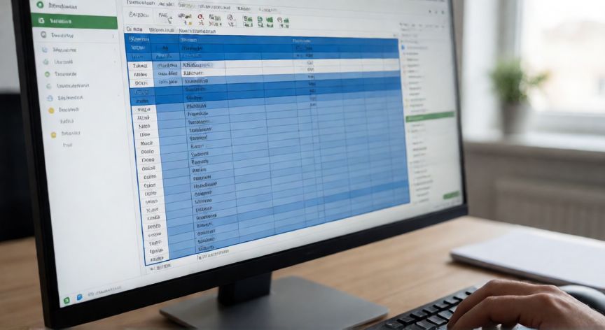 como seleccionar en excel todo, Pantalla de Excel con toda la hoja seleccionada y manos presionando Ctrl+A en el teclado