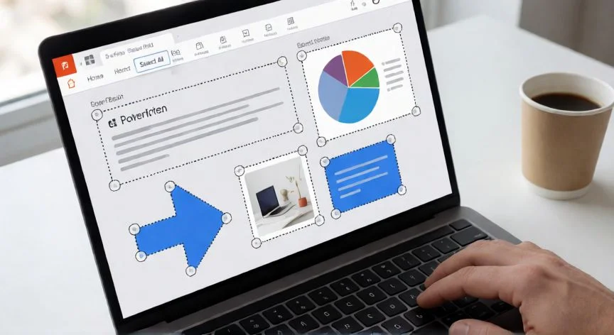 como seleccionar todo en powerpoint, Pantalla de PowerPoint con todos los objetos de la diapositiva seleccionados mostrando bordes punteados y el menú Seleccionar desplegado