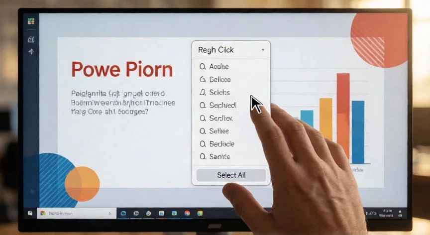 como seleccionar todo en powerpoint, Menú contextual de PowerPoint abierto con la opción Seleccionar todo visible sobre una diapositiva con gráficos