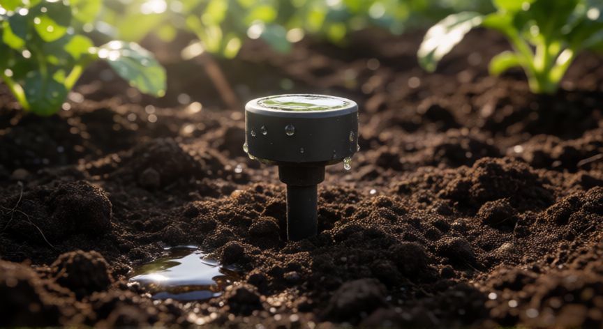 como sembrar agua, Sensor de humedad en suelo con gotas de agua durante un riego eficiente