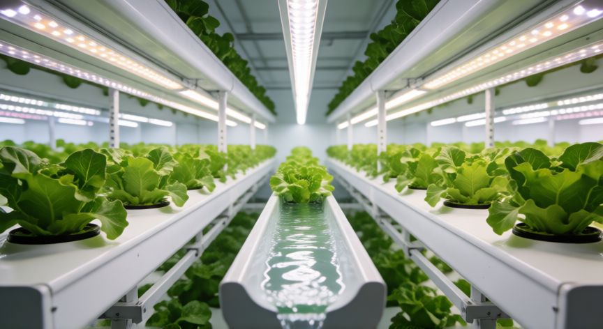 como sembrar agua, Interior de una granja hidropónica moderna con lechugas creciendo en canales de agua