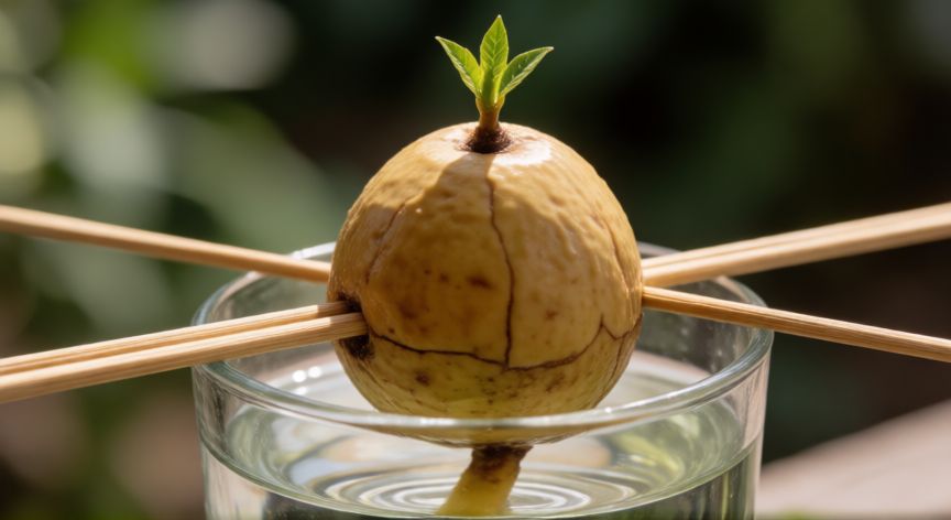 como sembrar aguacate, Semilla de aguacate germinando en agua con palillos