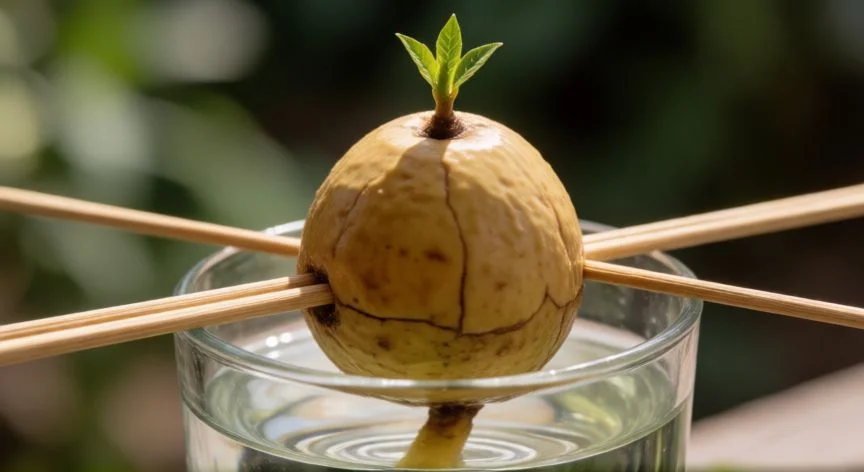Semilla de aguacate germinando en agua con palillos