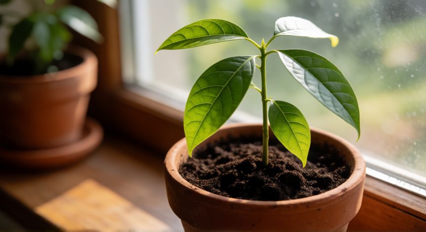 como sembrar aguacate, Joven planta de aguacate en maceta sobre una ventana