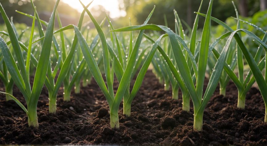 como sembrar ajos, Brotes verdes de ajo brotando en surcos preparados del huerto