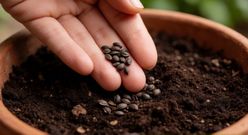 como sembrar albahaca, Manos sembrando semillas de albahaca en tierra fértil dentro de una maceta de barro