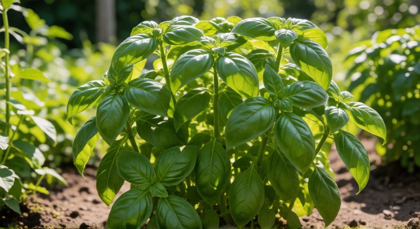 como sembrar albahaca, Planta de albahaca sana y verde creciendo en un huerto soleado